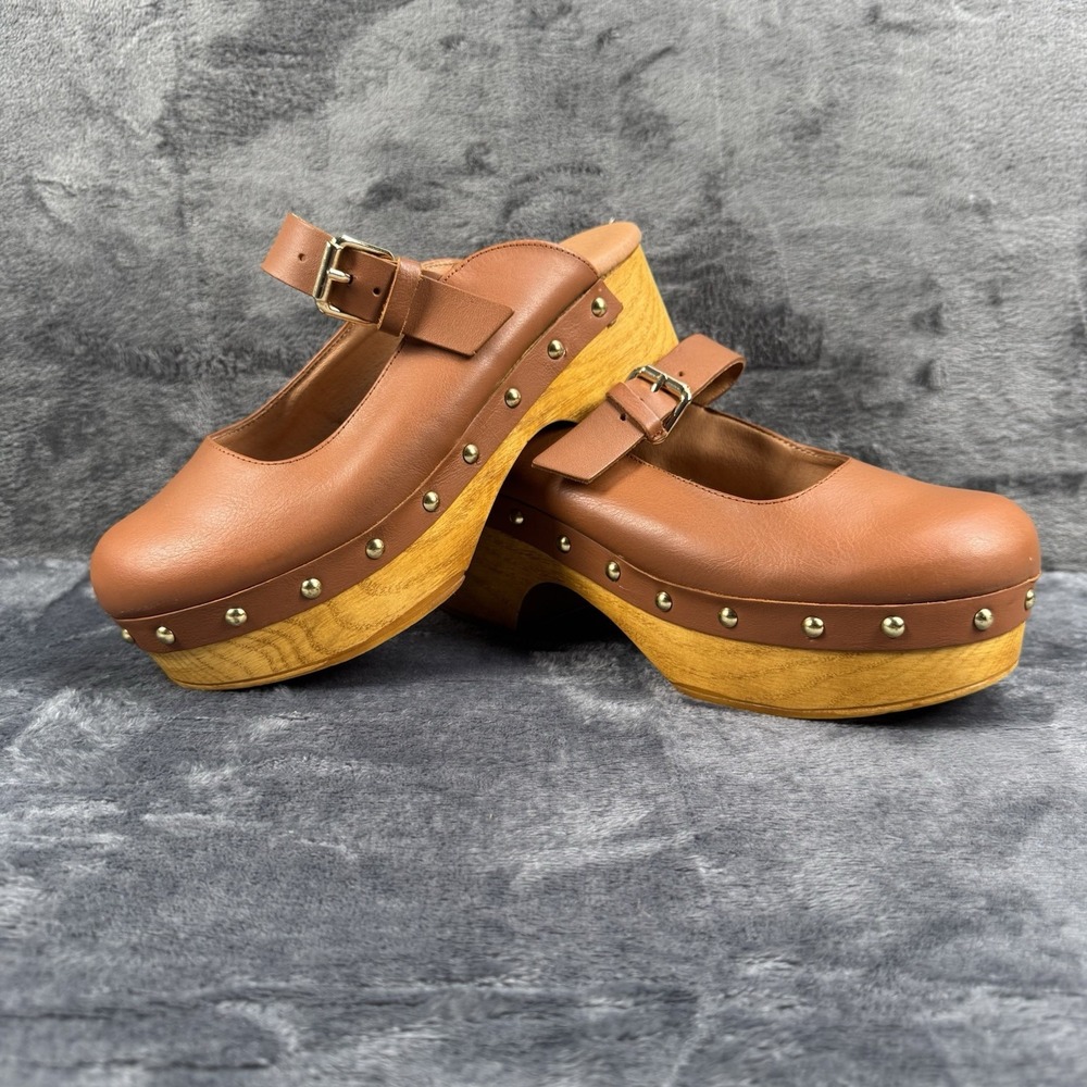 Anthropologie Brown Leather Wood Bottom Mule Clog Heels Womens 7.5 Mary Jane